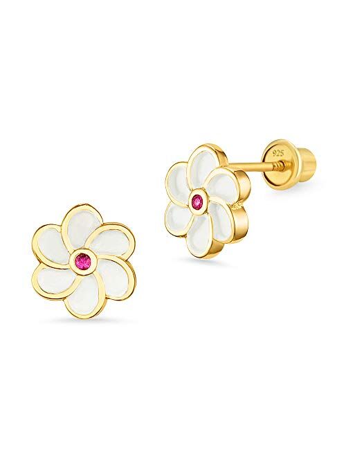 Lovearing 14k Gold Plated Enamel Flower Cubic Zirconia Baby Girls Screwback Earrings with Sterling Silver Post