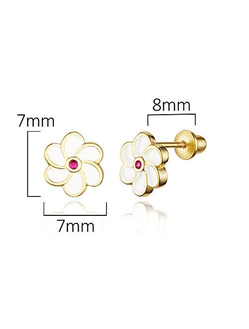 Lovearing 14k Gold Plated Enamel Flower Cubic Zirconia Baby Girls Screwback Earrings with Sterling Silver Post