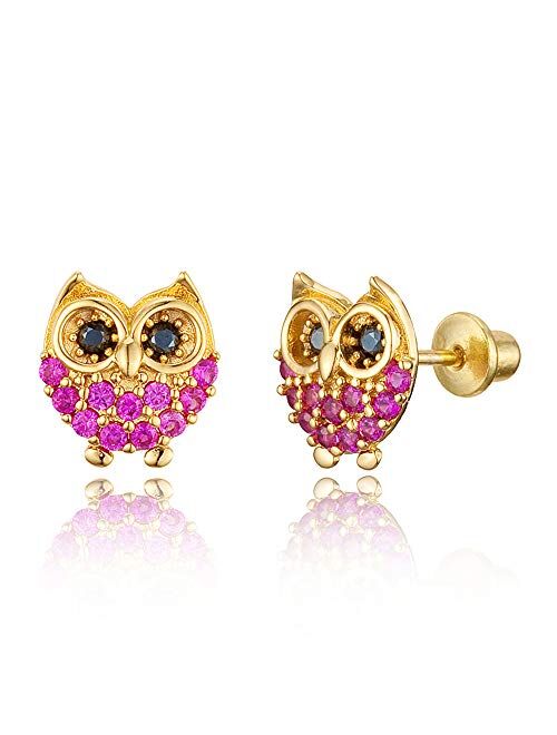 Lovearing 14k Gold Plated Brass Red Owl Cubic Zirconia Screwback Baby Girls Earrings with Sterling Silver Post