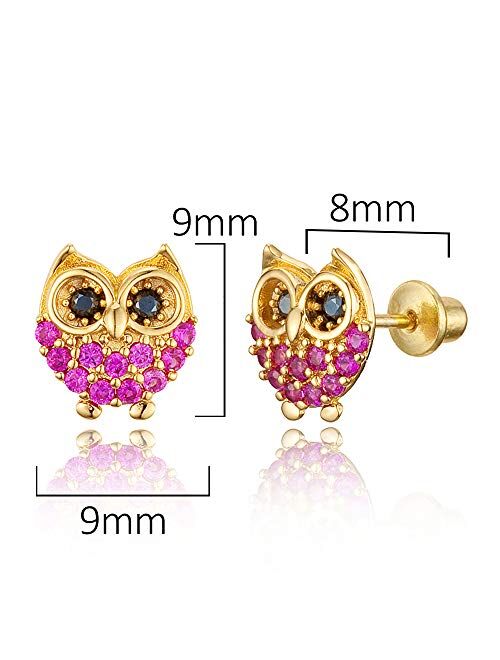 Lovearing 14k Gold Plated Brass Red Owl Cubic Zirconia Screwback Baby Girls Earrings with Sterling Silver Post