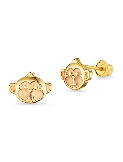 Lovearing 14k Gold Plated Enamel Monkey Baby Girls Screwback Earrings with Sterling Silver Post