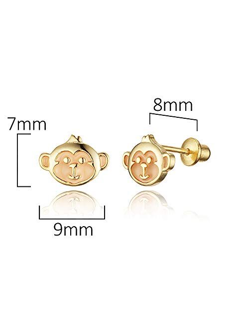 Lovearing 14k Gold Plated Enamel Monkey Baby Girls Screwback Earrings with Sterling Silver Post