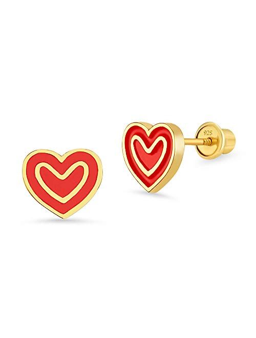 Lovearing 14k Gold Plated Enamel Red Heart Baby Girls Screwback Earrings with Sterling Silver Post