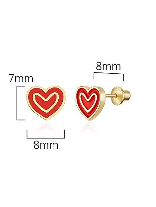 Lovearing 14k Gold Plated Enamel Red Heart Baby Girls Screwback Earrings with Sterling Silver Post