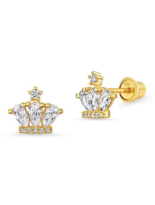 Lovearing 14k Gold Plated Brass Cubic Zirconia Princess Crown Screwback Girls Earrings with Sterling Silver Post