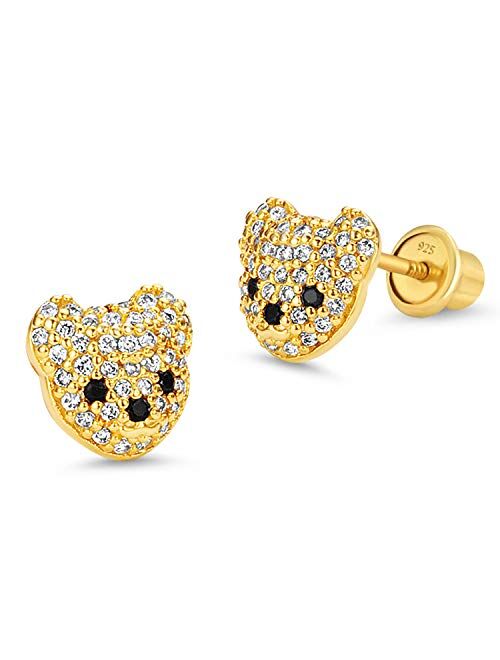 Lovearing 14k Gold Plated Brass Teddy Bear Cubic Zirconia Screwback Girls Earrings with Sterling Silver Post