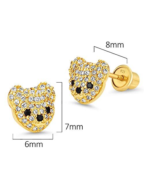 Lovearing 14k Gold Plated Brass Teddy Bear Cubic Zirconia Screwback Girls Earrings with Sterling Silver Post