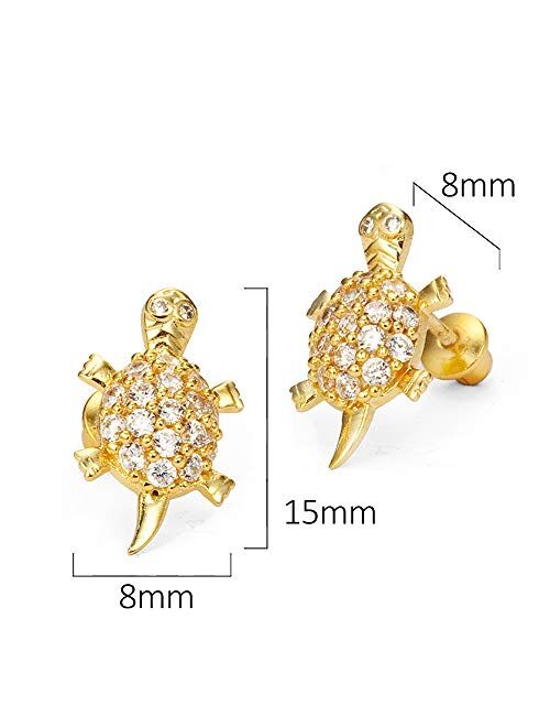 Lovearing 14k Gold Plated Brass Turtle Cubic Zirconia Screwback Baby Girls Earrings with Sterling Silver Post