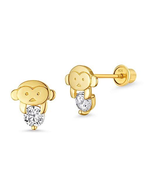 Lovearing 14k Gold Plated Brass Monkey Cubic Zirconia Screwback Baby Girls Earrings with Sterling Silver Post