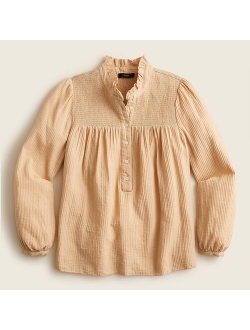 Long-sleeve smocked gauze top