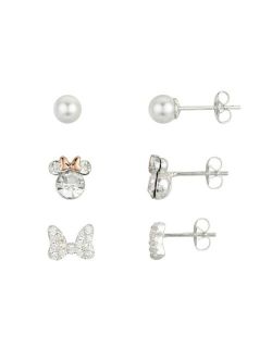 Two-Tone Rose Gold Flash-Plated Faux Fresh Water Pearl and Crystal Minnie Mouse Earring Set