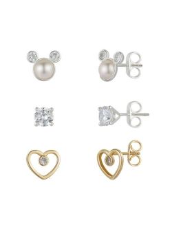 Two-Tone Gold Flash Plated Faux Water Pearl and Crystal Mickey Mouse Earring Set