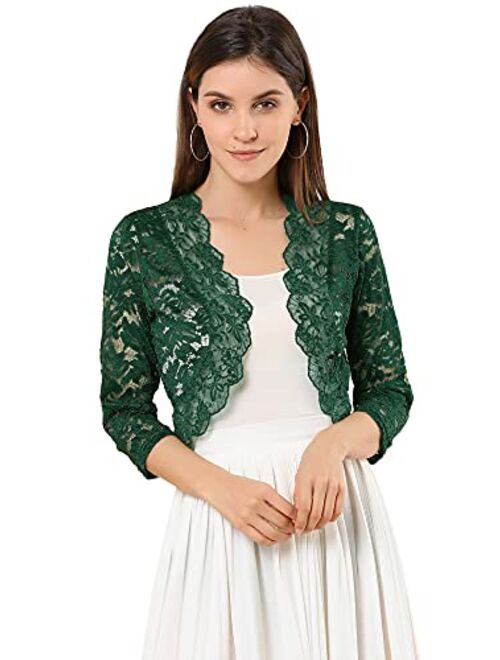 Allegra K Women's Elegant 3/4 Sleeve Sheer Floral Lace Shrug Top