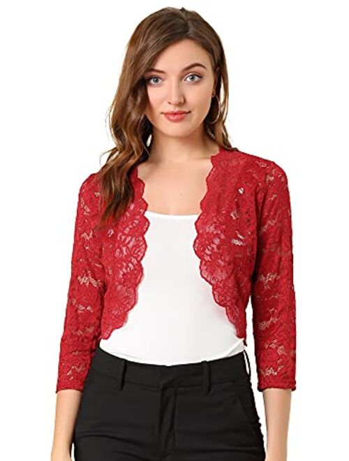 Allegra K Women's Elegant 3/4 Sleeve Sheer Floral Lace Shrug Top