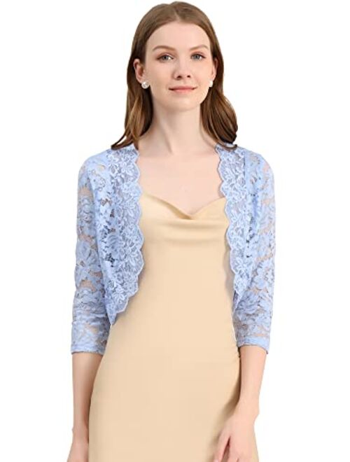 Allegra K Women's Elegant 3/4 Sleeve Sheer Floral Lace Shrug Top