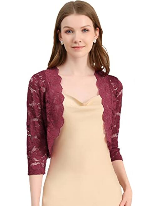 Allegra K Women's Elegant 3/4 Sleeve Sheer Floral Lace Shrug Top