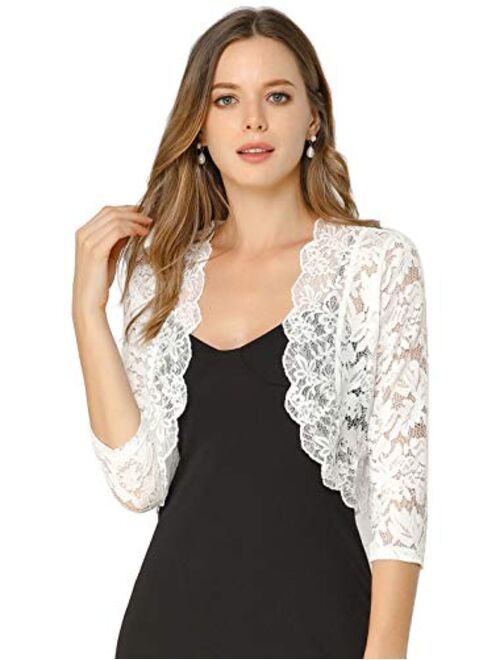 Allegra K Women's Elegant 3/4 Sleeve Sheer Floral Lace Shrug Top