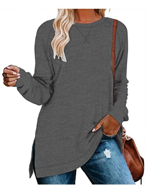 NILOUFO Womens Long Sleeve Casual Blouses Fashion Tunic Side Split Tops for Leggings