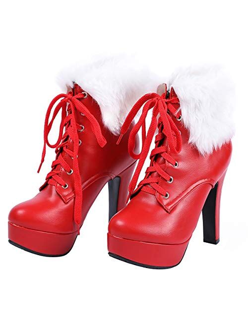 ForeMode Women Autumn Round Toe Lace up Ankle Buckle Chunky High Heel Platform Knight Boots