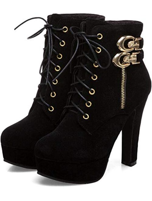 ForeMode Women Autumn Round Toe Lace up Ankle Buckle Chunky High Heel Platform Knight Boots