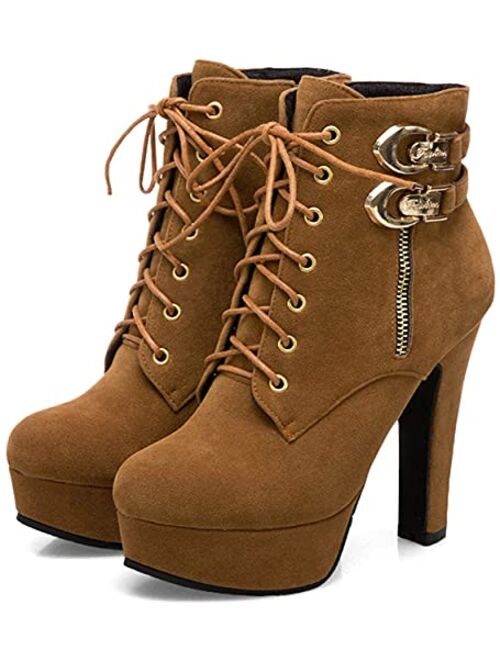 ForeMode Women Autumn Round Toe Lace up Ankle Buckle Chunky High Heel Platform Knight Boots