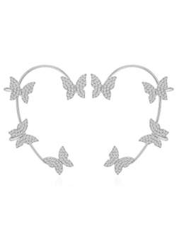 Dcfywl731 Zircon Butterfly Earrings for Women Girls,Butterfly Ear Cuff Wrap Crawler Earrings,Butterfly No Piercing Ear Clip Wrap Around Earrings