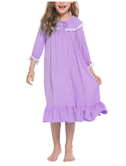 Ekouaer Girls Nightgowns Long Sleeve Sleepwear Comfy Princess Sleep Shirt Pajama Dress 4-13 Years