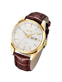 Mens Leather Watch Dress Classic Business Fashion Casual Calendar Date Analog Quartz Waterproof Wristwatch Fathers Gifts