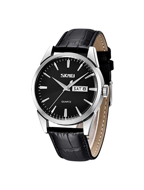 SKMEI Mens Leather Watch Dress Classic Business Fashion Casual Calendar Date Analog Quartz Waterproof Wristwatch Fathers Gifts