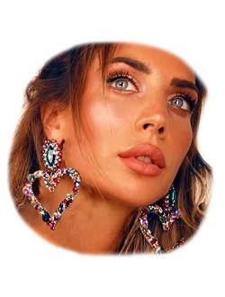 Xerling Large Heart Rhinestone Crystal Dangle Earrings Statement Drop Earrings for Women Girls Brides Love Heart Stud Earrings