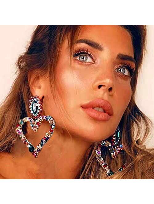 Xerling Large Heart Rhinestone Crystal Dangle Earrings Statement Drop Earrings for Women Girls Brides Love Heart Stud Earrings