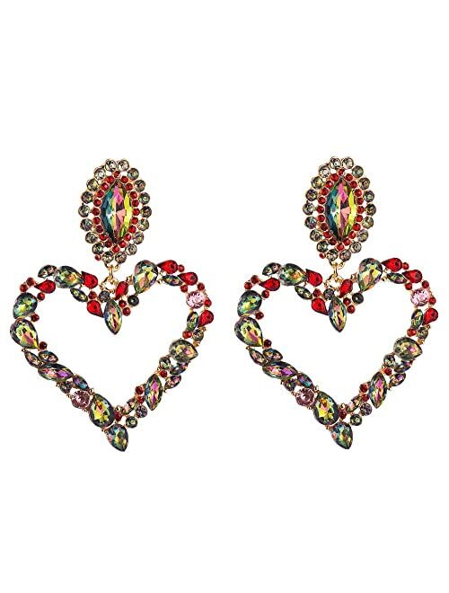 Xerling Large Heart Rhinestone Crystal Dangle Earrings Statement Drop Earrings for Women Girls Brides Love Heart Stud Earrings