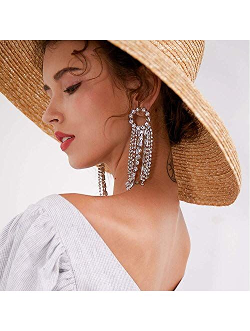 fxmimior Fashion Women Earrings Silver Tassel Full Rhinestones Ring Long Chain Drop Dangle Earrings Jewelry for Women