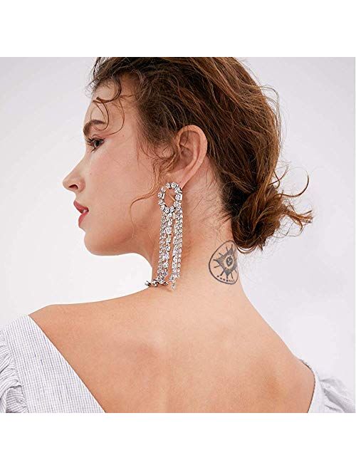 fxmimior Fashion Women Earrings Silver Tassel Full Rhinestones Ring Long Chain Drop Dangle Earrings Jewelry for Women