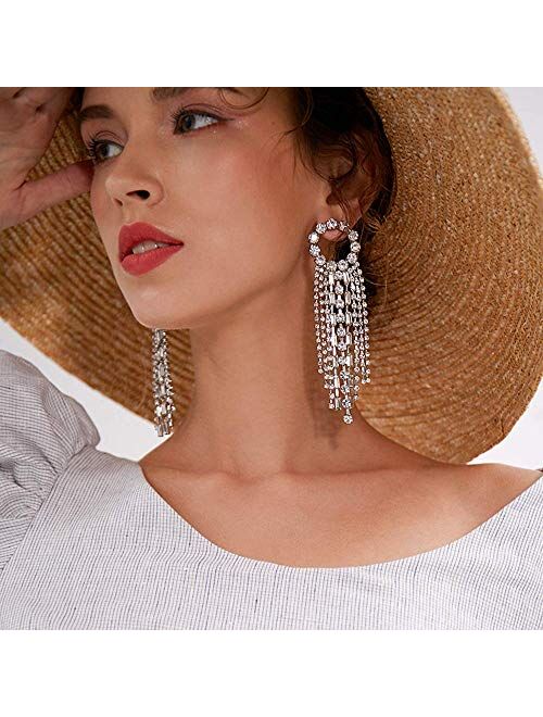 fxmimior Fashion Women Earrings Silver Tassel Full Rhinestones Ring Long Chain Drop Dangle Earrings Jewelry for Women