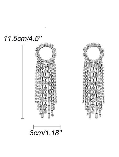 fxmimior Fashion Women Earrings Silver Tassel Full Rhinestones Ring Long Chain Drop Dangle Earrings Jewelry for Women