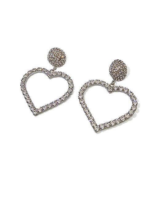 FXmimior Fashion Women Silver Heart Rhinestones Love Bar Earrings Long Chain Drop Dangle Earrings Jewelry for Women