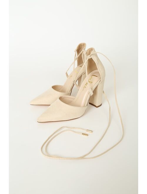 Lulus Luna Light Nude Suede Lace-Up Heels