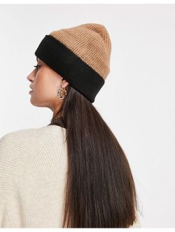 color block beanie in camel and black