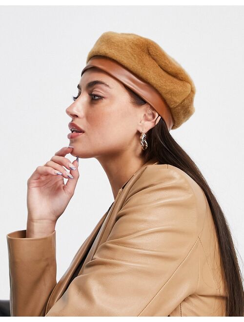 Asos Design fluffy beret in camel in pu band