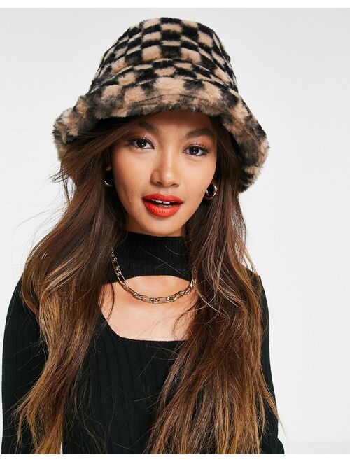 Asos Design roll back bucket hat in tonal checkerboard print