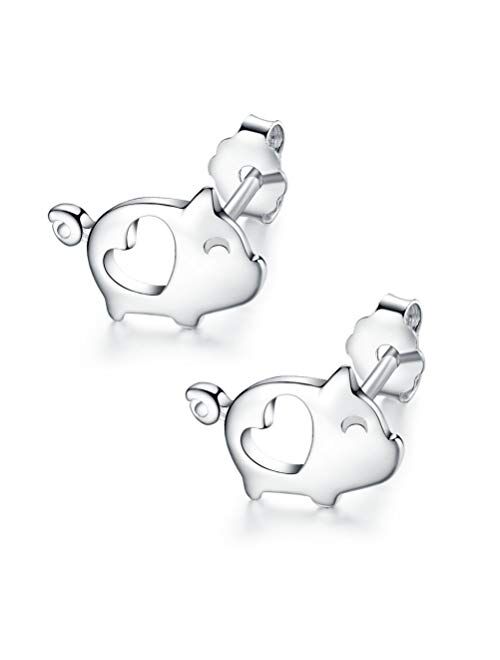 Dtja Love Heart Cute Pig Sterling Silver Studs Earrings for Women Teen Girls Sensitive Ears Tiny Lucky Post