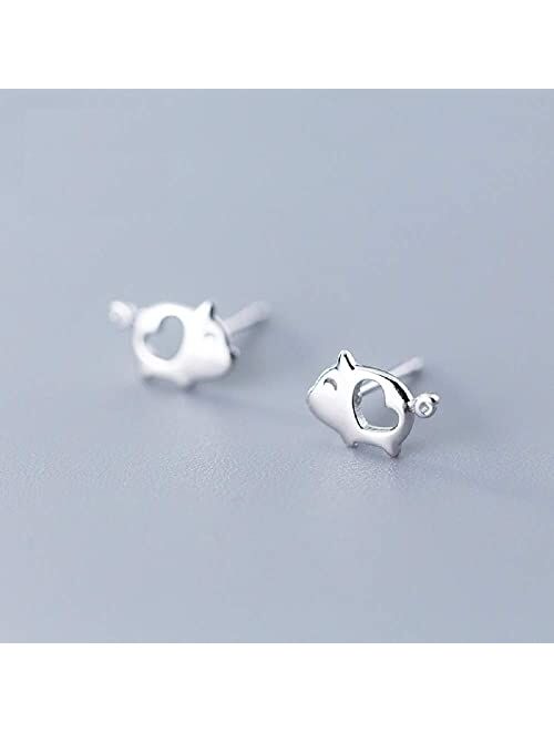 Dtja Love Heart Cute Pig Sterling Silver Studs Earrings for Women Teen Girls Sensitive Ears Tiny Lucky Post