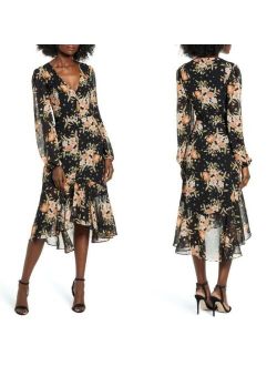 NEW LEITH Black FLORAL Chiffon BUTTON FRONT High/Low MIDI DRESS S