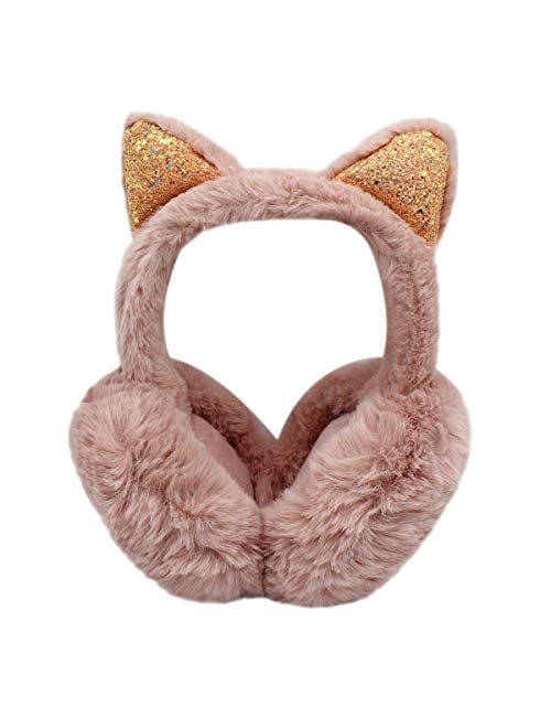 C.C-Us Women Girls Foldable Winter Ear Muffs Fluffy Plush Soft Ear Warmers with Sequins Cat Ears