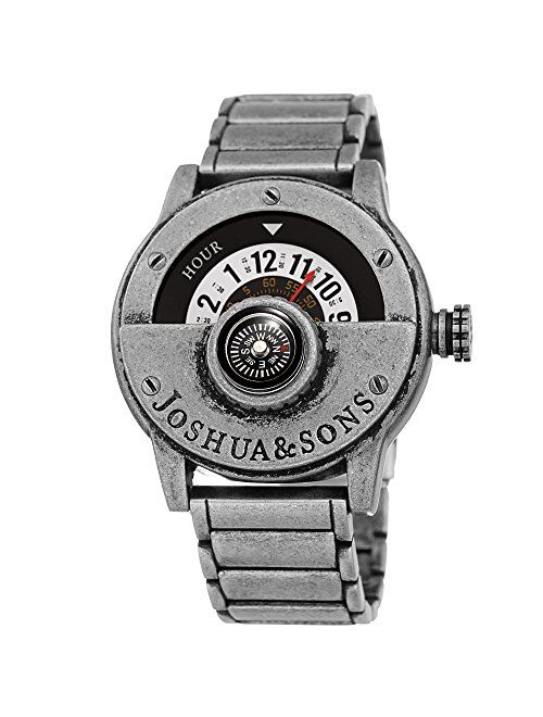 Joshua & Sons Heavy Duty Rugged Men’s Watch – Explorer Style with Built in Compass – Unique Rotating Wheel Display On Rustic Link Bracelet - JX139