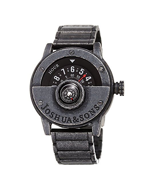 Joshua & Sons Heavy Duty Rugged Men’s Watch – Explorer Style with Built in Compass – Unique Rotating Wheel Display On Rustic Link Bracelet - JX139