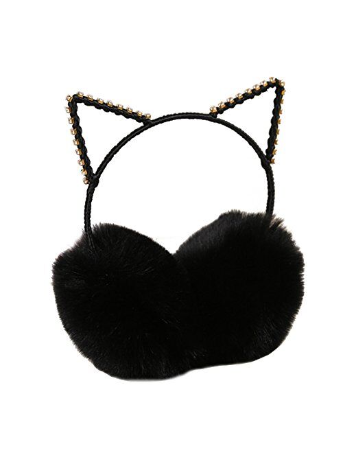 Chuangli Glitter Crystal Cat Ears Winter Earmuffs Warm Plush Ear Warmers for Women Girls