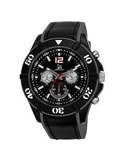 Men's Chronograph Watch - 3 Subdials for Seconds, Minutes, and GMT On Soft Polyurethane PU Leather Strap - JS51