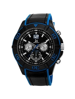 Men's Chronograph Watch - 3 Subdials for Seconds, Minutes, and GMT On Soft Polyurethane PU Leather Strap - JS51